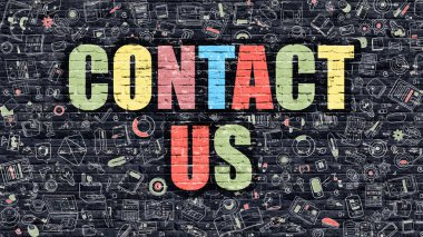 Multicolor Contact Us on Dark Brickwall. Doodle Style.
