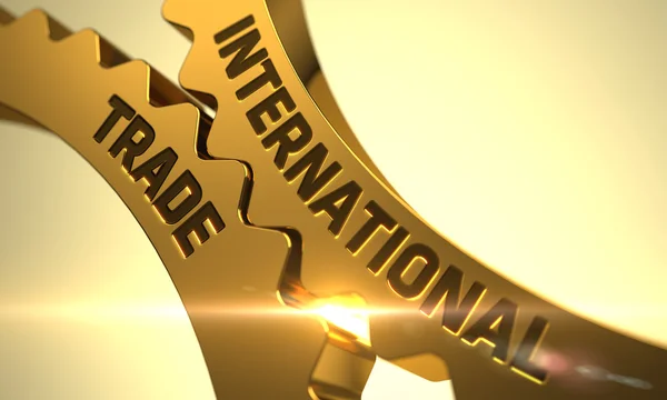 International Trade concept. Gouden metalen tandwielen. — Stockfoto