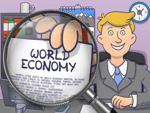 Gospodarki światowej poprzez szkło powiększające. Doodle styl. — Zdjęcie stockowe