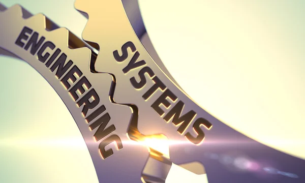 Systems Engineering on Golden Metallic Cog Gears. — Stock Photo, Image