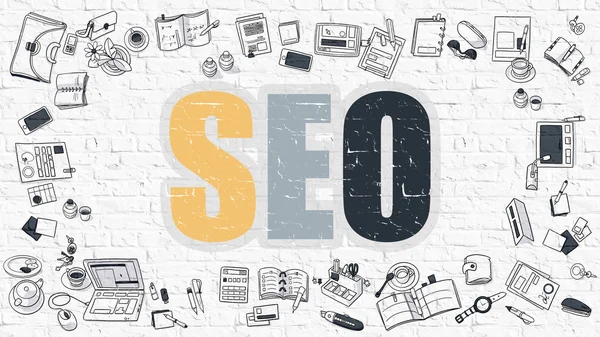 SEO multicolor en White Brickwall. Estilo Doodle . —  Fotos de Stock