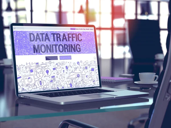 Data Traffic Monitoring on Laptop in Modern Workplace Background. — Stock Photo, Image