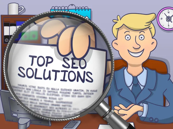 Top SEO Solutions through Magnifying Glass. Doodle Design. — Stock Photo, Image