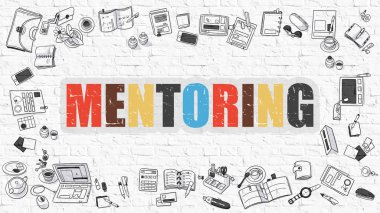 Beyaz Brickwall üzerinde Çok renkli Mentorluk. Doodle Tarzı.