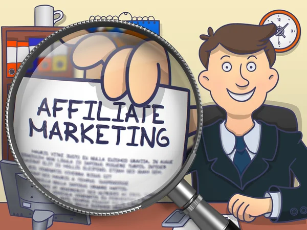 Affiliate Marketing gjennom forstørrelsesglass. Doodle-konstruksjon . – stockfoto