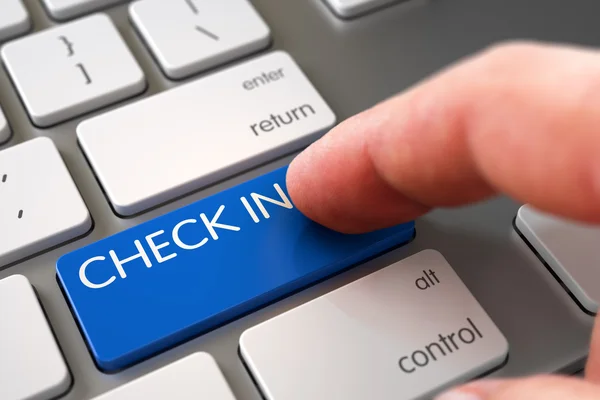 Hand Touching Check In Button. — Stock Photo, Image