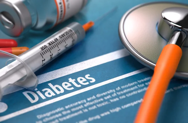 Diabete - Diagnosi stampata su sfondo blu . — Foto Stock