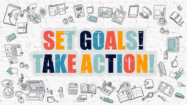 Set Goals Take Action in Multicolor. Doodle Design. — Zdjęcie stockowe