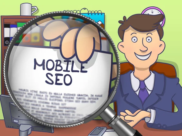 Mobiele SEO via vergrootglas. Doodle concept. — Stockfoto