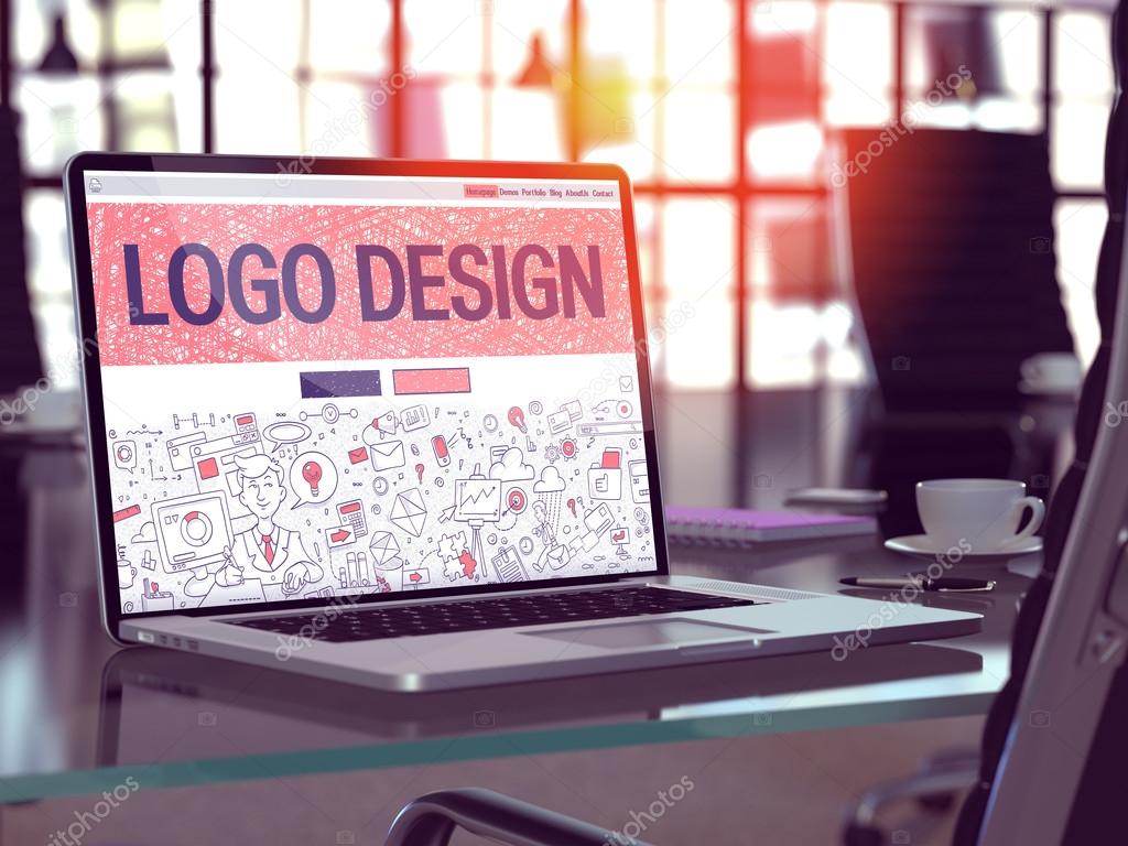Logo Design Concept Closeup on Landing Page of Laptop Screen in Modern Office Workplace. Toned Image with Selective Focus. 3D Render.