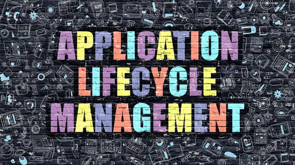Multicolor Application Lifecycle Management auf dunkler Ziegelwand. — Stockfoto
