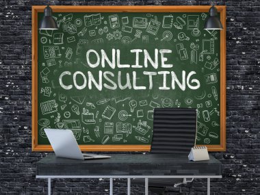 Online Consulting Concept. Doodle Icons on Chalkboard.