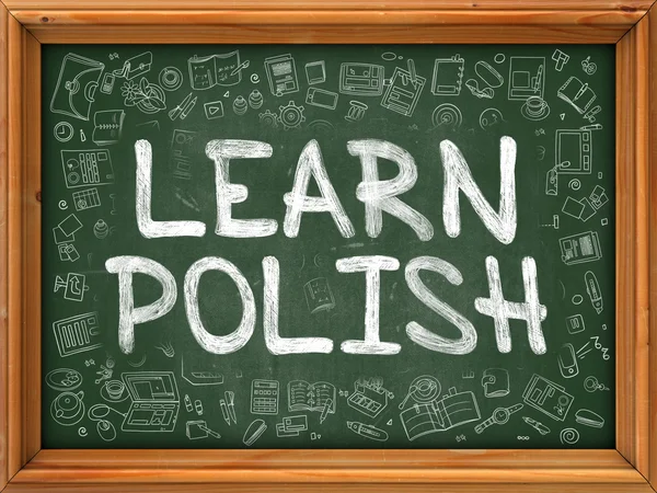 Lär dig polska konceptet. Grön Chalkboard med Doodle ikoner. — Stockfoto