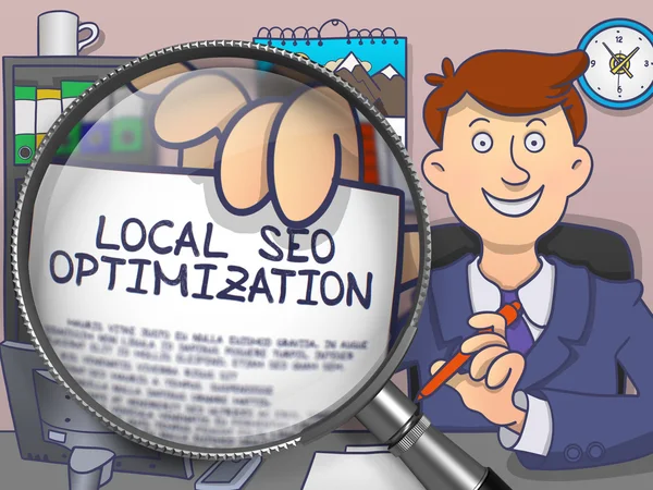 Otimização de SEO local através de lupa. Estilo Doodle . — Fotografia de Stock