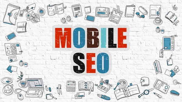 Multicolor Mobile SEO en White Brickwall. Estilo Doodle . — Foto de Stock