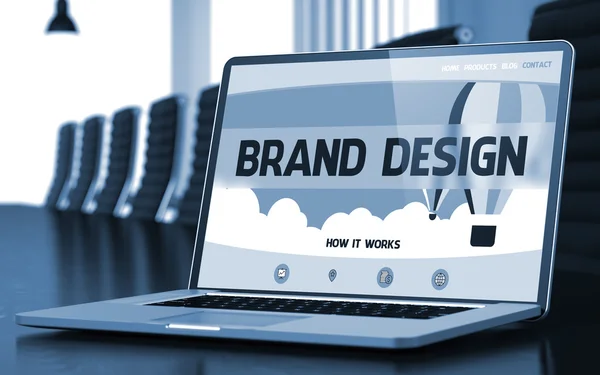 Brand Design op laptop in vergaderruimte. 3D-illustratie. — Stockfoto