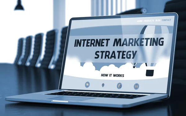 Marketingové strategie Internet na notebooku v konferenčním sále. 3D obrázek. — Stock fotografie