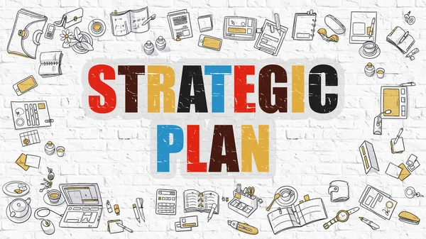 Multicolor strategisk Plan på vita Brickwall. Doodle stil. — Stockfoto