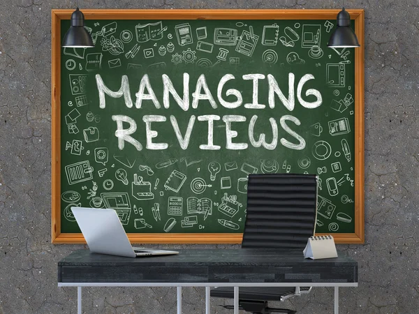 Managing Reviews on Chalkboard with Doodle Icons. 3D Illustration. — Stock Photo, Image