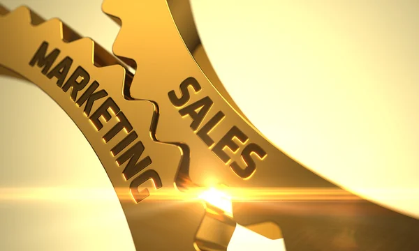 Gouden metalen tandwielen met Sales Marketing Concept. 3D illustratie. — Stockfoto