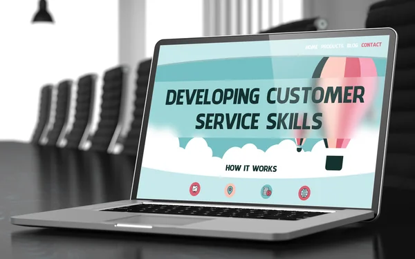 Desarrollo del concepto de habilidades de servicio al cliente en la pantalla del ordenador portátil. Ilustración 3D . — Foto de Stock