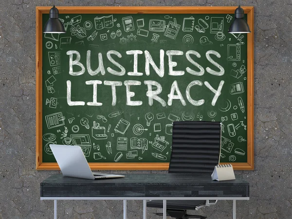Business Literacy Concept. Icoane Doodle pe tablă. Ilustrație 3D . — Fotografie, imagine de stoc