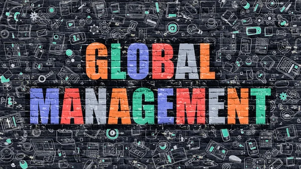 Multicolor Global Management auf dunkler Ziegelwand. Doodle-Stil. — Stockfoto