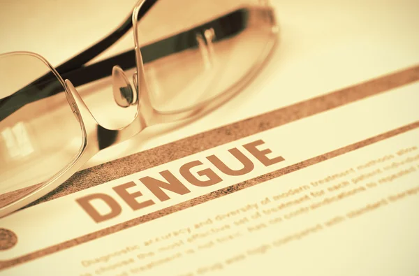 Dengue. Lékařský koncept na červeném pozadí. 3D ilustrace. — Stock fotografie