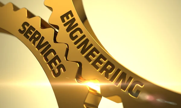 Engineeringdiensten op gouden Metallic Cog Gears. 3D illustratie. — Stockfoto