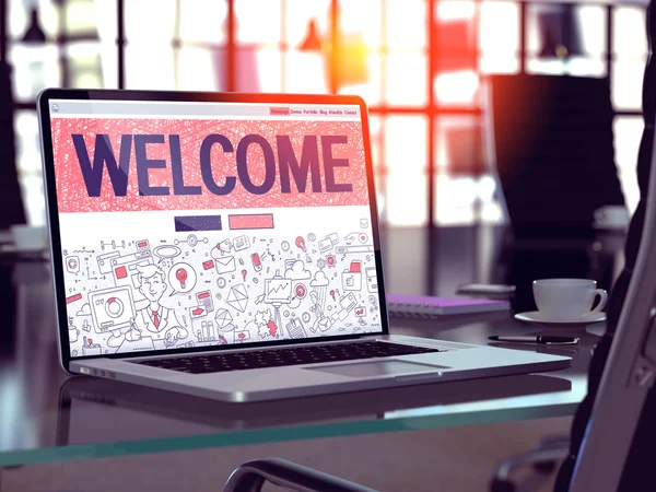 Bienvenido a Laptop in Modern Workplace Background. Ilustración 3D . — Foto de Stock