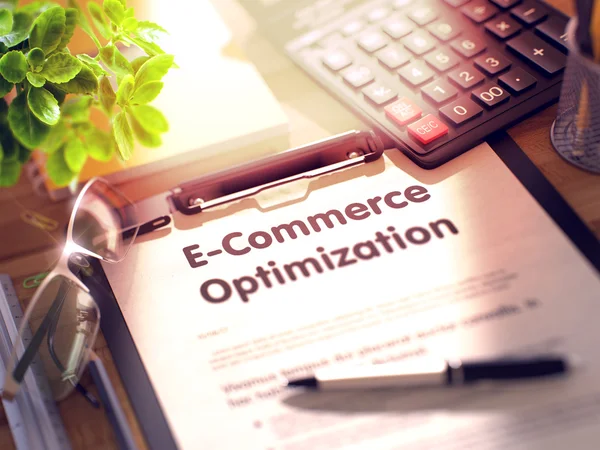 E-Commerce Optimization - Text on Clipboard. 3D Render. — Stock Photo, Image