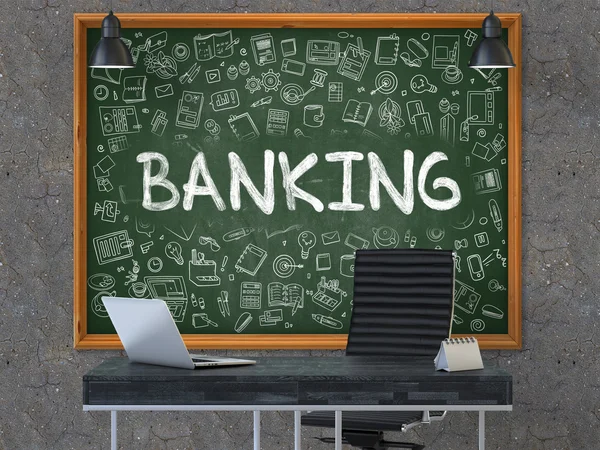 Banking konceptet. Doodle ikoner på svarta tavlan. 3D illustration. — Stockfoto