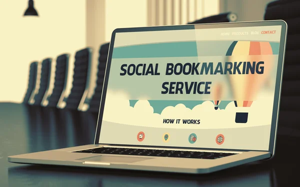 Social Bookmarking Service auf Laptop im Konferenzraum. 3D-Illustration. — Stockfoto