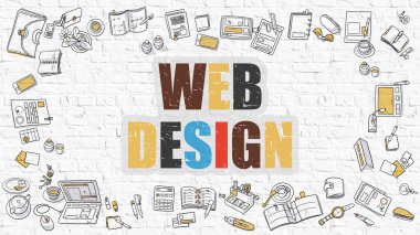 Beyaz Brickwall üzerinde Çok renkli Web Tasarım. Doodle Tarzı.