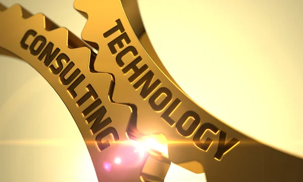 Goldene metallische Zahnräder mit Technologieberatungskonzept. — Stockfoto