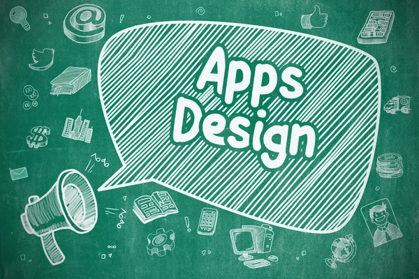 Diseño de aplicaciones - Ilustración de Doodle en pizarra azul . —  Fotos de Stock
