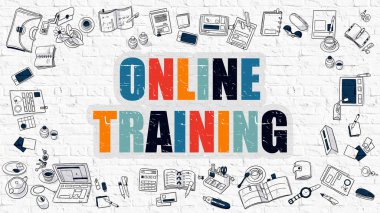 Beyaz Brickwall Üzerinde Çok Renkli Online Eğitim. Doodle Tarzı.