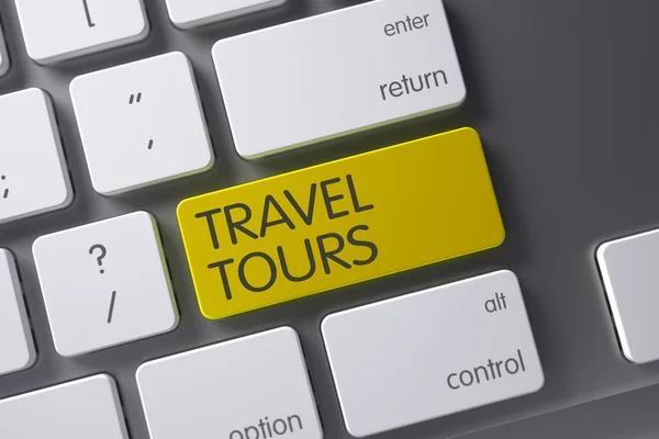 Yellow Travel Tours Button on Keyboard. 3D Render. — Stok fotoğraf