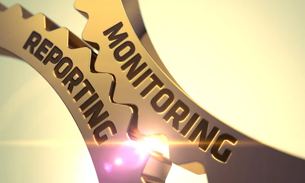 Monitoring Reporting Konzept. goldene metallische Zahnräder. 3D-Illustration. — Stockfoto