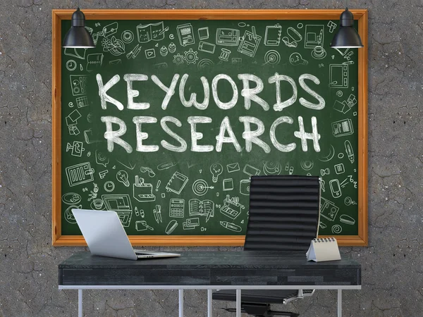 Keywords Research concept. Doodle pictogrammen op schoolbord. 3D renderen. — Stockfoto