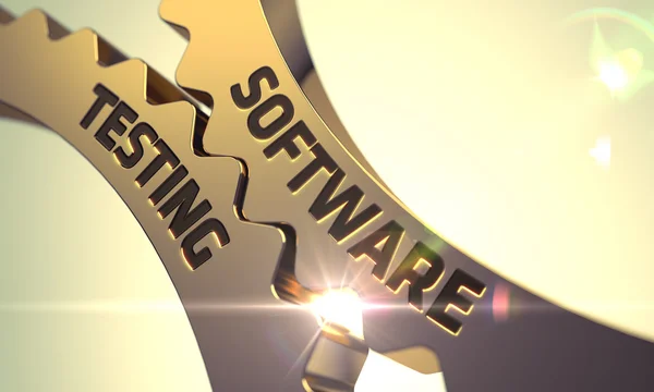 Software Testing Concept. Golden Metallic Cogwheels. 3D. — Stock Photo, Image