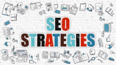 Beyaz Brickwall üzerinde Çok Renkli Seo Stratejileri.