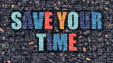 Koyu Tuğla Duvar'da Çok Renkli Zamandan Tasarruf Edin. Doodle Tarzı.