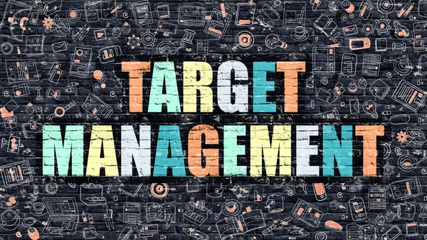 Multicolor Target Management auf dunkler Ziegelwand. Doodle-Stil. — Stockfoto