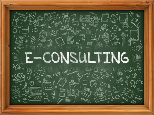 E-Consulting concept. Groene schoolbord met doodle pictogrammen. — Stockfoto