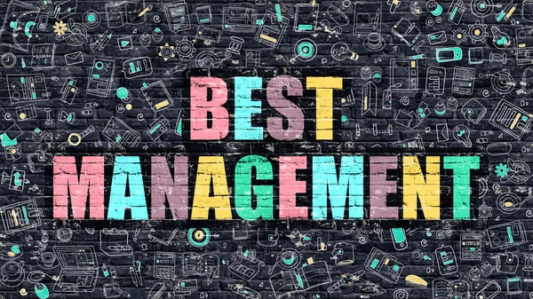 Multicolor Best Management auf dunkler Ziegelwand. Doodle-Stil. — Stockfoto