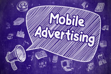 Mobil Reklam - Mavi Chalkboard Üzerinde Doodle İllüstrasyon.