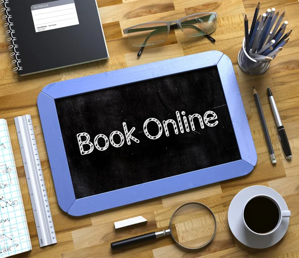 Pequeña pizarra con libro en línea. 3D . —  Fotos de Stock