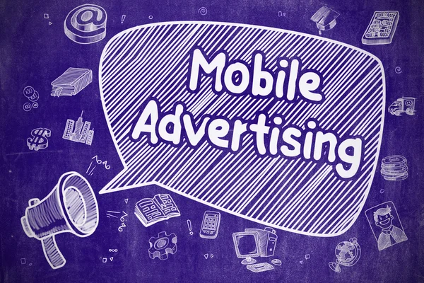 Publicidad móvil - Ilustración de Doodle en pizarra azul . —  Fotos de Stock