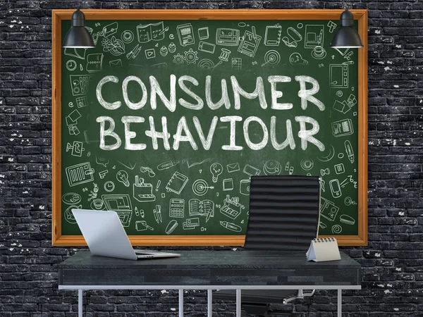 Tüketici Davranışı - El Yeşil Chalkboard çizilmiş. 3d. — Stok fotoğraf
